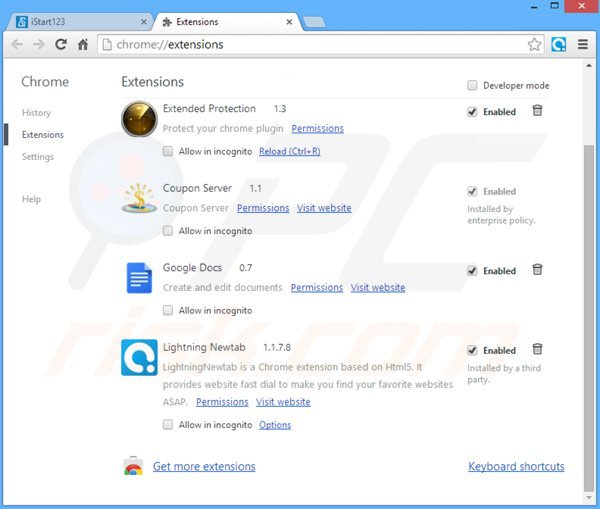 Eliminar las extensiones vinculadas a istart123.com en Google Chrome