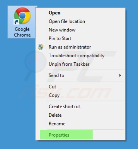 Eliminar istart123.com del destino del acceso directo de Google Chrome paso 1