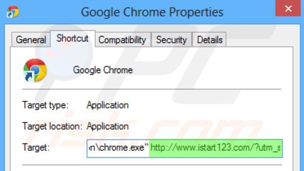 Eliminar istart123.com del destino del acceso directo de Google Chrome paso 2