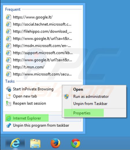 Eliminar istart123.com del destino del acceso directo de Internet Explorer paso 1