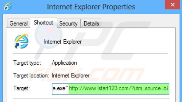 Eliminando istart123.com del destino del acceso directo de Internet Explorer paso 2