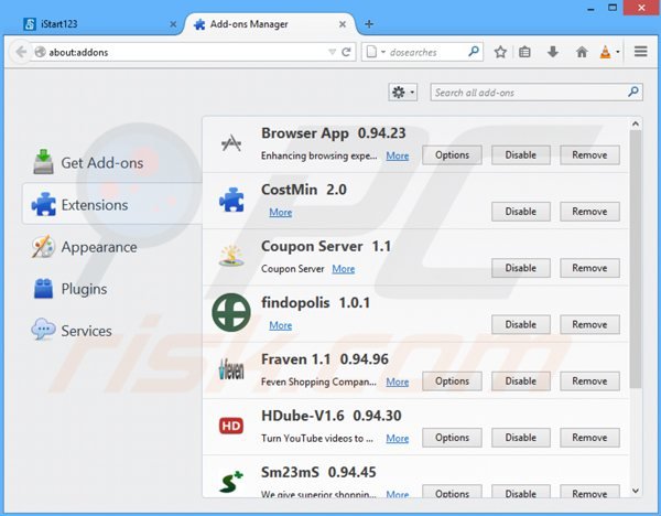 Eliminando las extensiones vinculadas a istart123.com en Mozilla Firefox