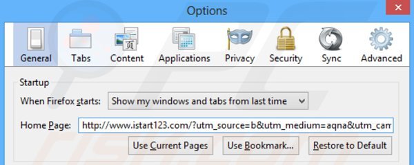 Eliminando istart123.com de la página de inicio de Mozilla Firefox