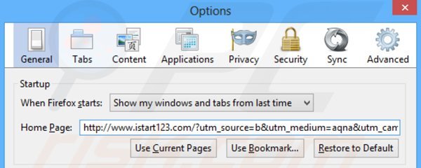 Eliminando istart123.com de la página de inicio de Mozilla Firefox
