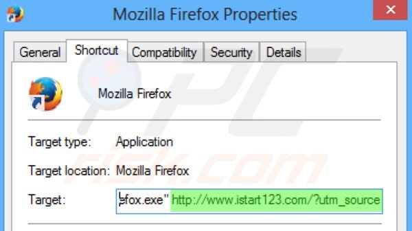 Eliminar istart123.com del destino del acceso directo de Mozilla Firefox paso 2