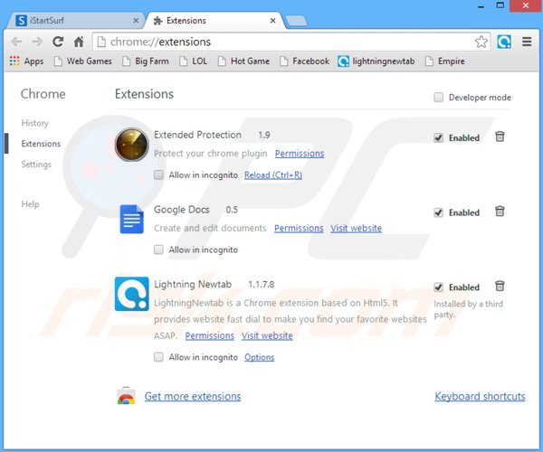 Eliminando las extensiones relacionadas con istartsurf.com de Google Chrome