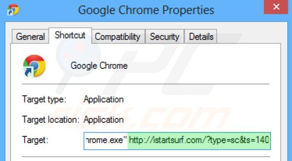 Eliminando istartsurf.com del destino del acceso directo de Google Chrome paso 2