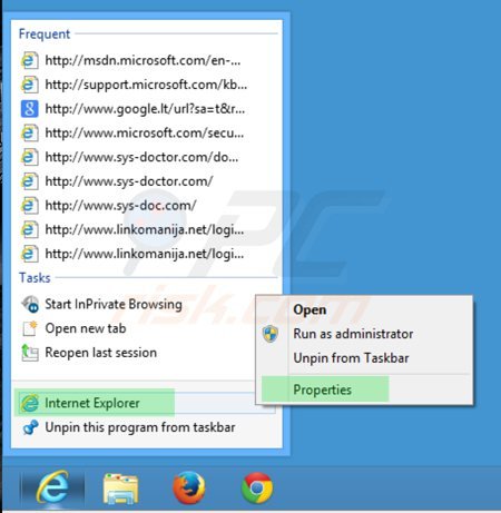 Eliminar istartsurf.com del destino del acceso directo de Internet Explorer paso 1