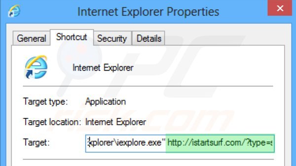 Eliminando istartsurf.com del destino del acceso directo de Internet Explorer paso 2