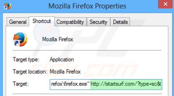 Eliminar istartsurf.com del destino del acceso directo de Mozilla Firefox paso 2