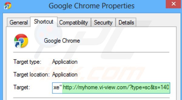 Eliminar myhome.vi-view.com del destino del acceso directo de Google Chrome paso 2