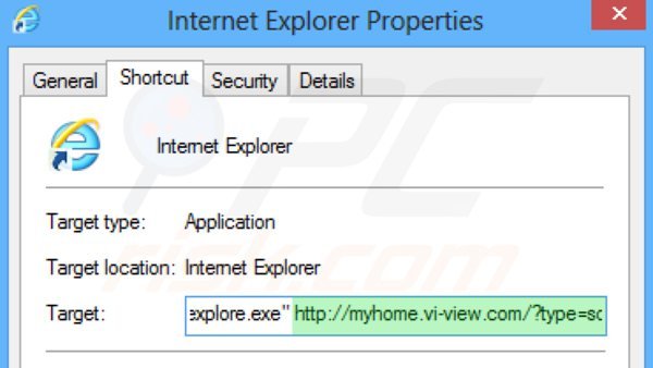 Eliminar myhome.vi-view.com del destino del acceso directo de Internet Explorer paso 2