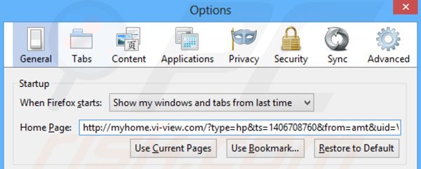 Eliminando myhome.vi-view.com de la página de inicio de Mozilla Firefox