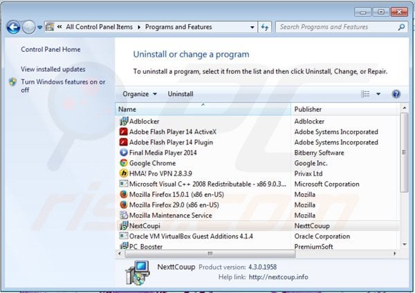 desinstalar el adware nextcoup del Panel de control