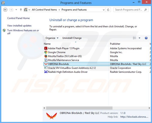 desinstalar el adware obrona blockads del Panel de control