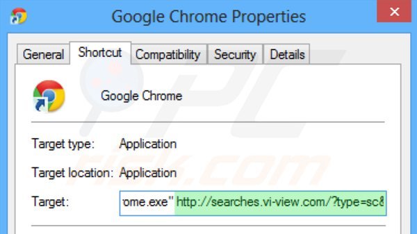 Eliminar searches.vi-view.com del destino del acceso directo de Google Chrome paso 2