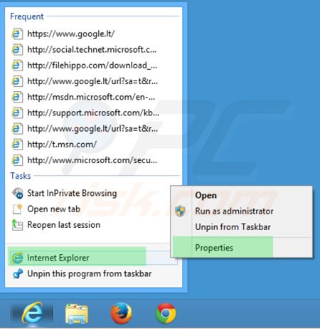 Eliminando searches.vi-view.com del destino del acceso directo de Internet Explorer paso 1