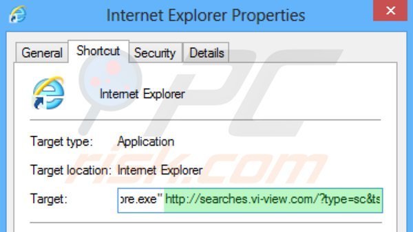 Eliminando searches.vi-view.com del destino del acceso directo de Internet Explorer paso 2