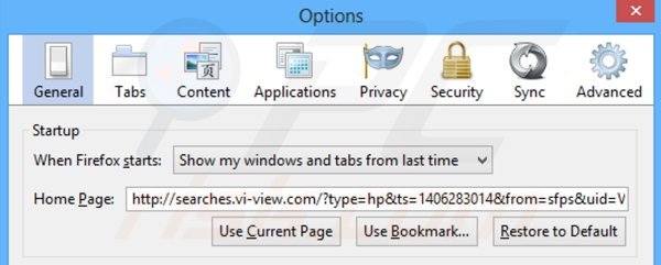 Eliminando searches.vi-view.com de la página de inicio de Mozilla Firefox
