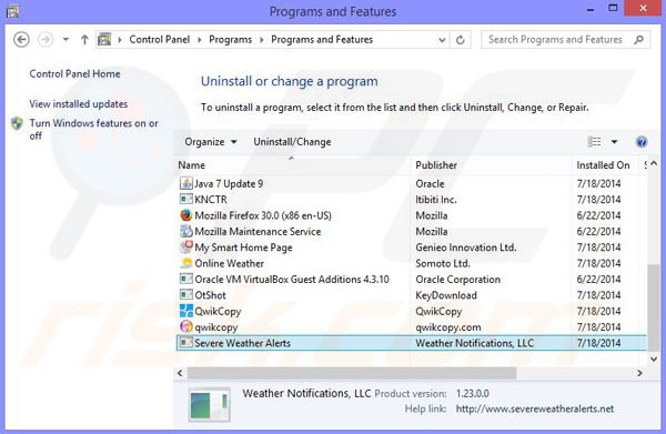 desinstalar el adware Severe Weather Alerts del Panel de control