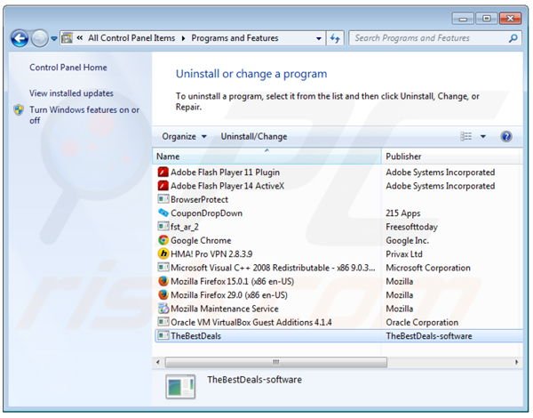 desinstalar el adware TheBestDeals del Panel de control
