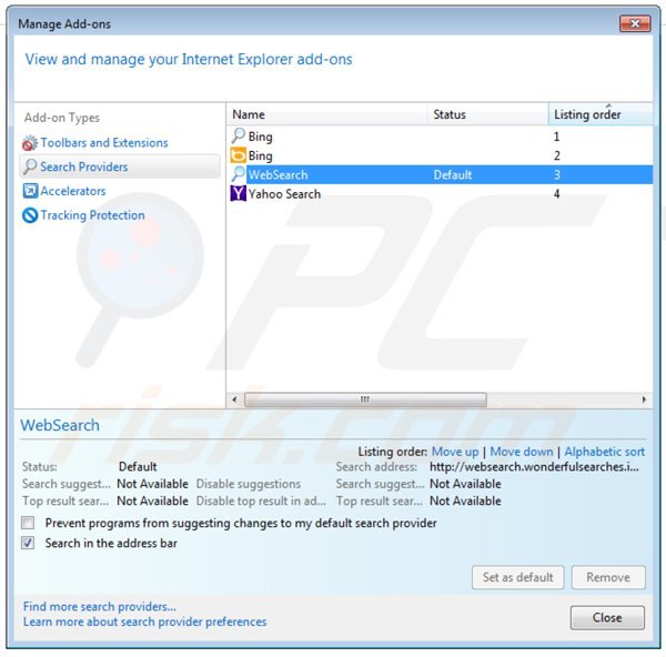 Eliminar websearch.wonderfulsearches.info del motor de búsqueda por defecto de Internet Explorer