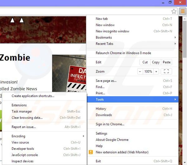 Eliminando los anuncios de Zombie News de Google Chrome paso 1
