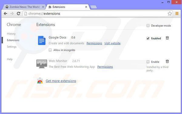 Eliminando los anuncios de Zombie News de Google Chrome paso 2