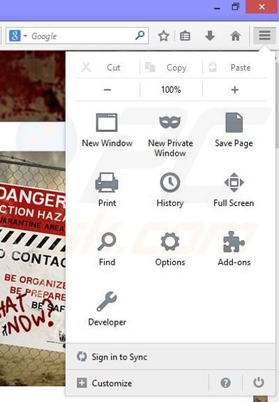 Eliminando los anuncios de Zombie News de Mozilla Firefox paso 1