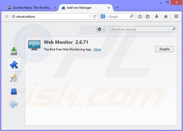 Eliminando los anuncios de Zombie News de Mozilla Firefox paso 2