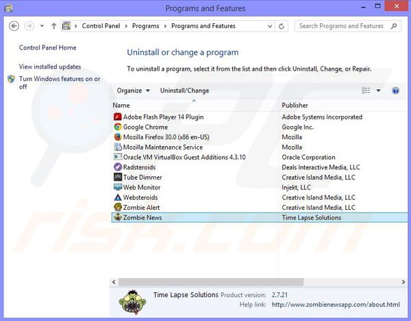 desinstalar el adware Zombie News del Panel de control