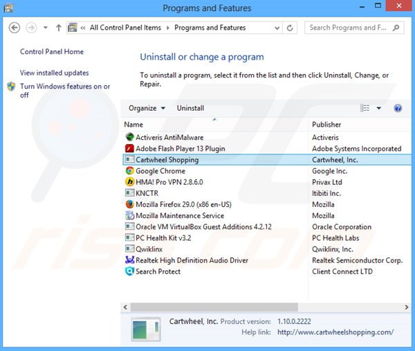 desinstalar el adware Cartwheel Shopping del Panel de control
