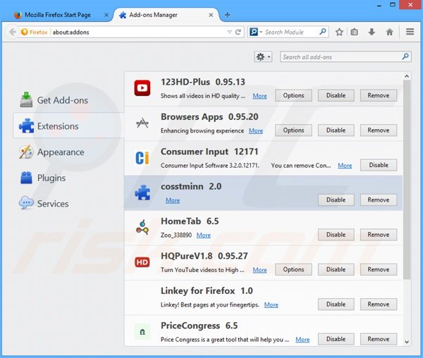 Eliminando los anuncios cosstminn de Mozilla Firefox paso 2