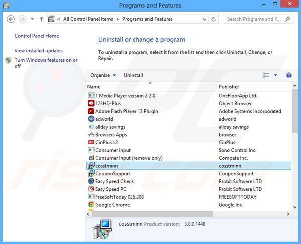 desinstalar el adware cosstminn del Panel de control