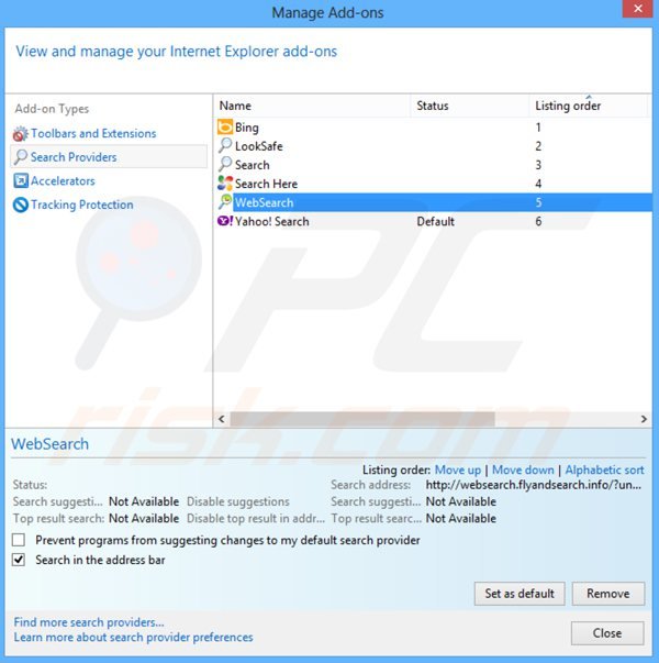 cómo eliminar websearch.fixsearch.info del motor de búsqueda por defecto de Internet Explorer