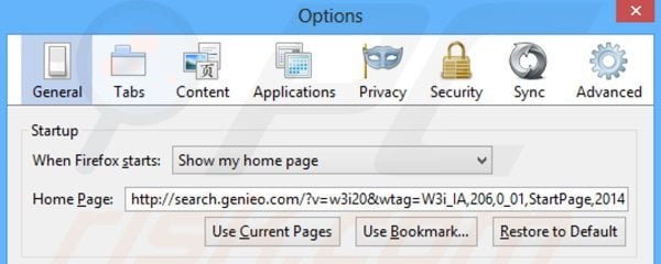 Eliminando search.genieo.com de la página de inicio de Mozilla Firefox
