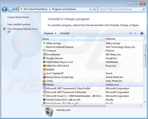 desinstalar el adware Melodx del Panel de control