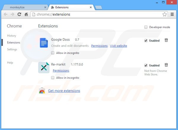 Eliminando de Google Chrome los complementos generadores de publicidad monkeytize paso 2