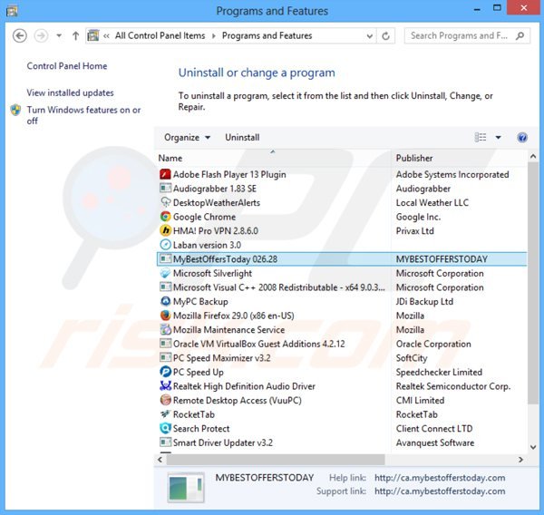 desinstalar el adware mybestofferstoday del Panel de control