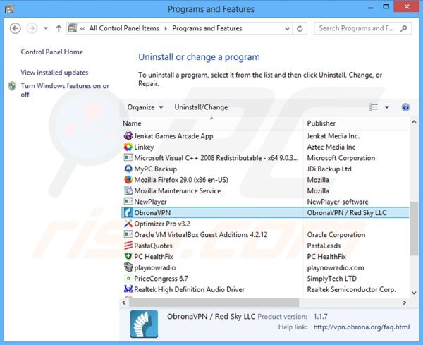 desinstalar el adware obrona vpn del Panel de control