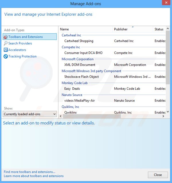 Eliminando los anuncios de picrec de Internet Explorer paso 2