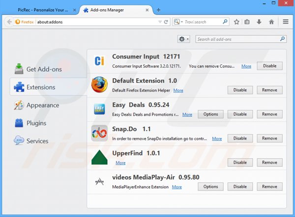 Eliminando los anuncios picrec de Mozilla Firefox paso 2
