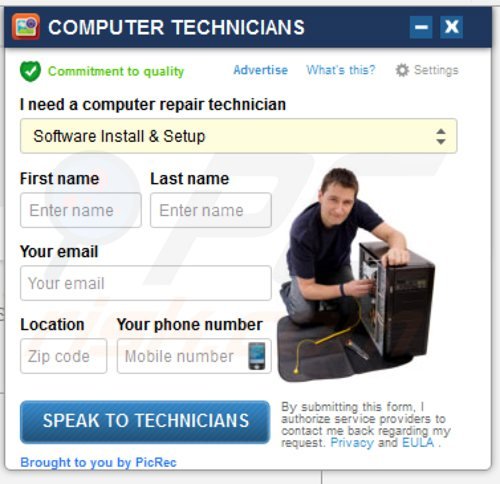 el software publicitario picrec generando anuncios intrusivos en internet