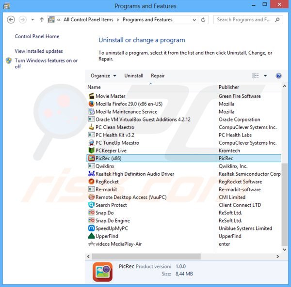 desinstalar el adware picrec del Panel de control