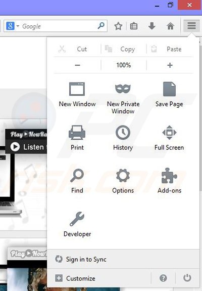 Eliminando los anuncios de Play now Radio de Mozilla Firefox paso 1