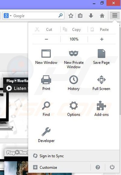 Eliminando los anuncios de Play now Radio de Mozilla Firefox paso 1