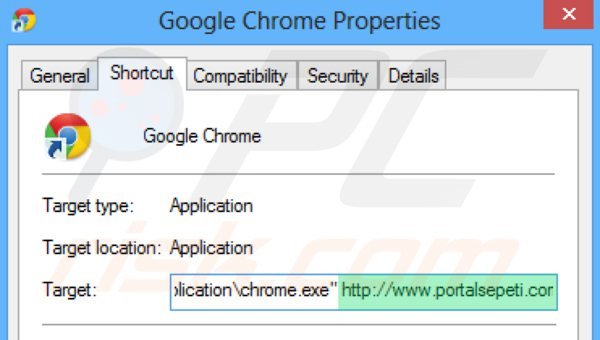 Eliminar portalsepeti.com del destino del acceso directo de Google Chrome paso 2