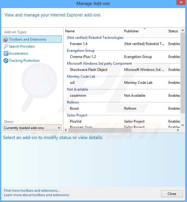 Eliminando las extensiones relacionadas con portalsepeti.com en Internet Explorer