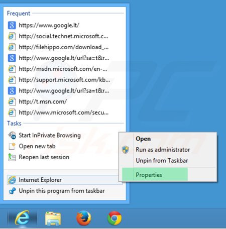 Eliminar portalsepeti.com del destino del acceso directo de Internet Explorer paso 1
