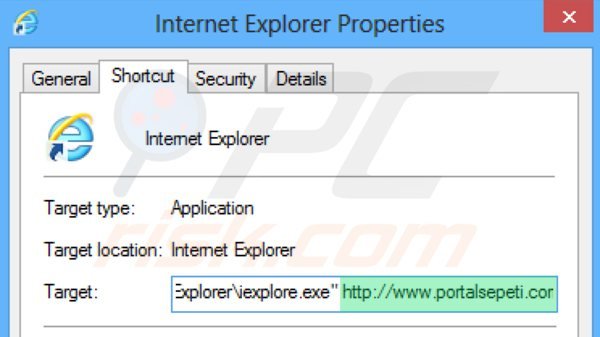 Eliminar portalsepeti.com del destino del acceso directo de Internet Explorer paso 2